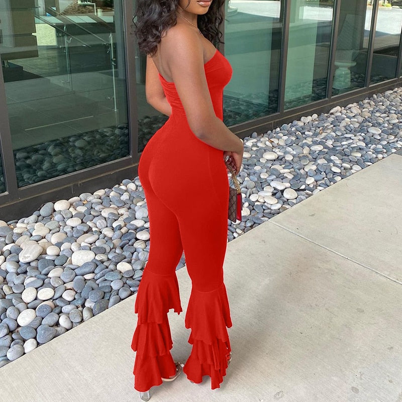 Stilla | Rød Strapless Flared Legs Jumpsuit