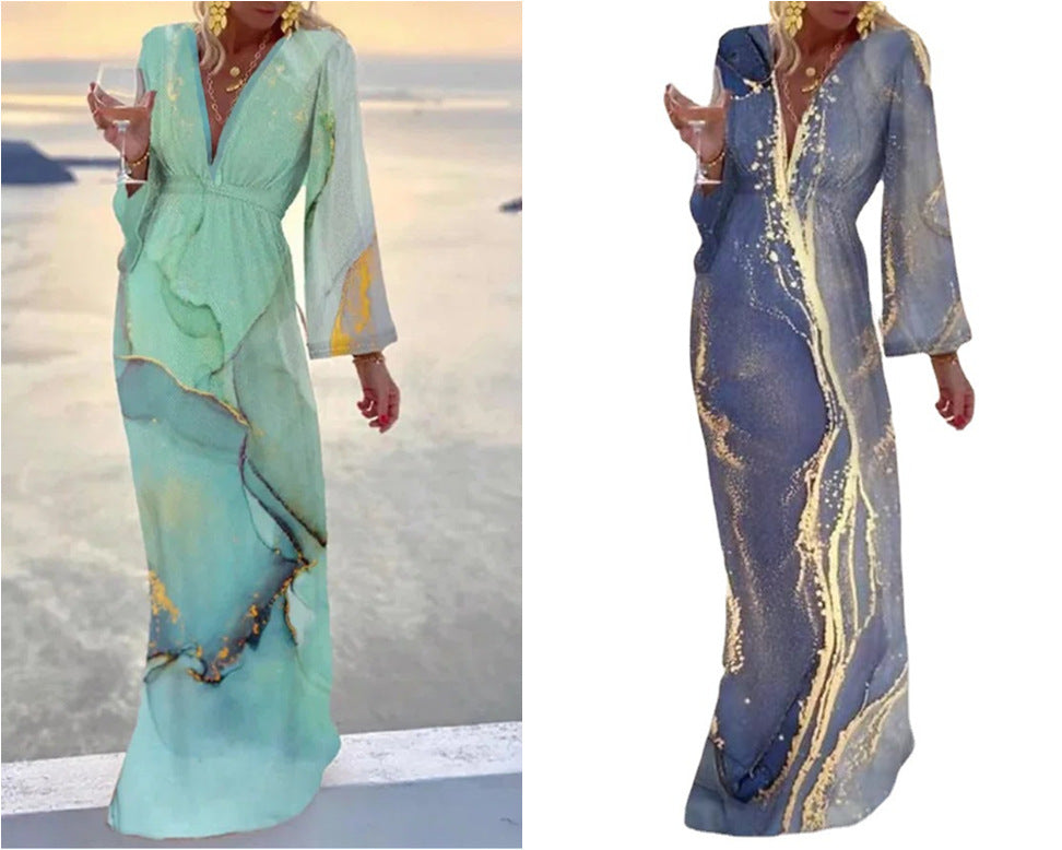 Stilla | Trykt V-hals Chiffon Ærme Talje Bånd Strand Nederdel