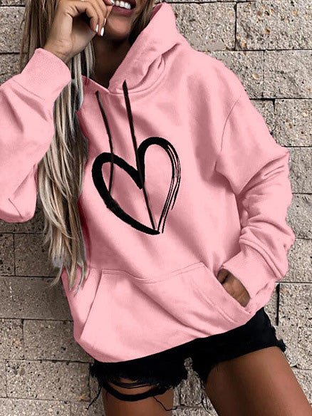 Stilla | Kvinders Hættetrøje Med Hjerteprint, Lomme, Lange Ærmer, Afslappet Hoody