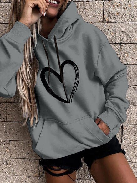 Stilla | Kvinders Hættetrøje Med Hjerteprint, Lomme, Lange Ærmer, Afslappet Hoody