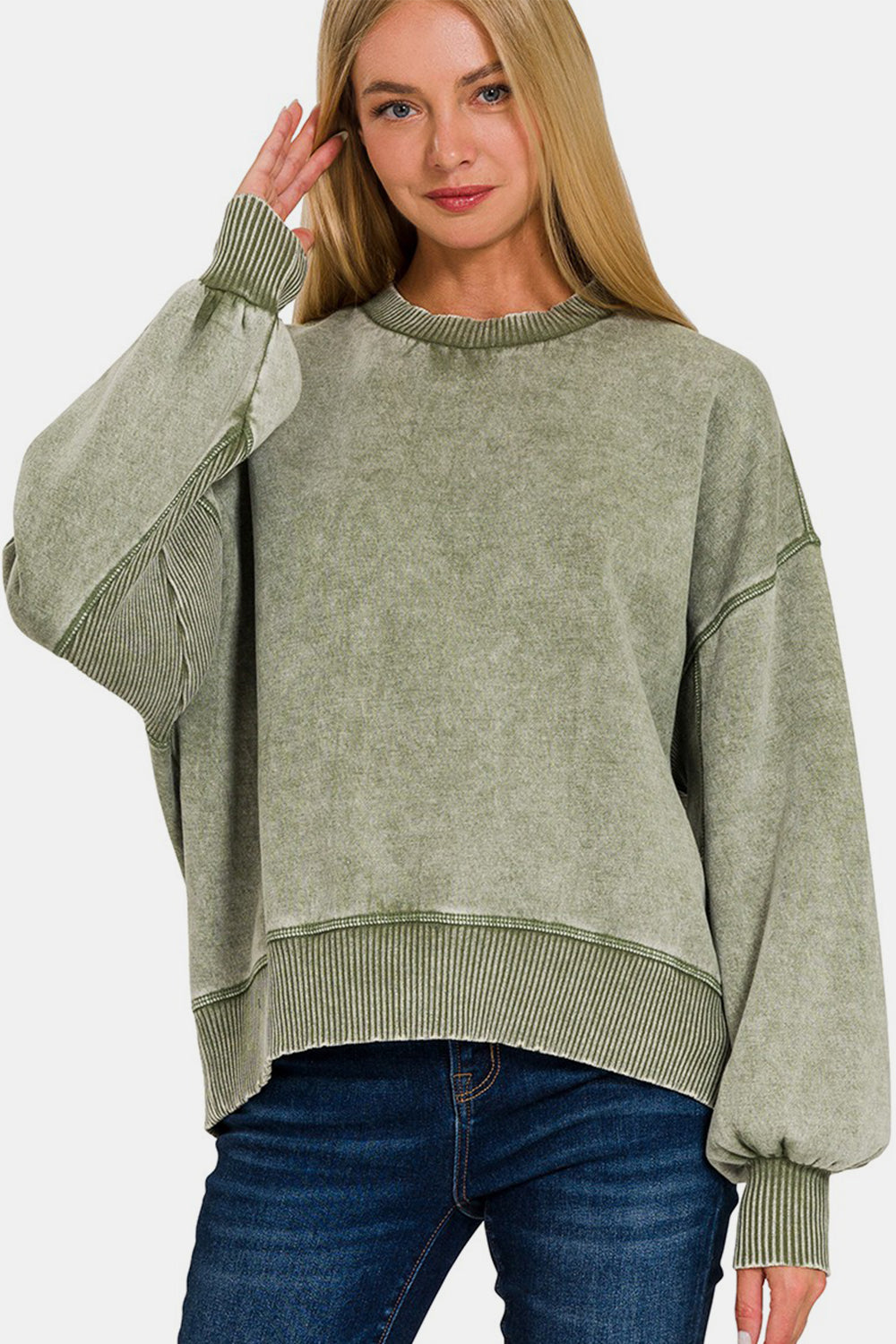 Stilla | Rund Hals Faldet Skulder Lantern Ærme Sweatshirt