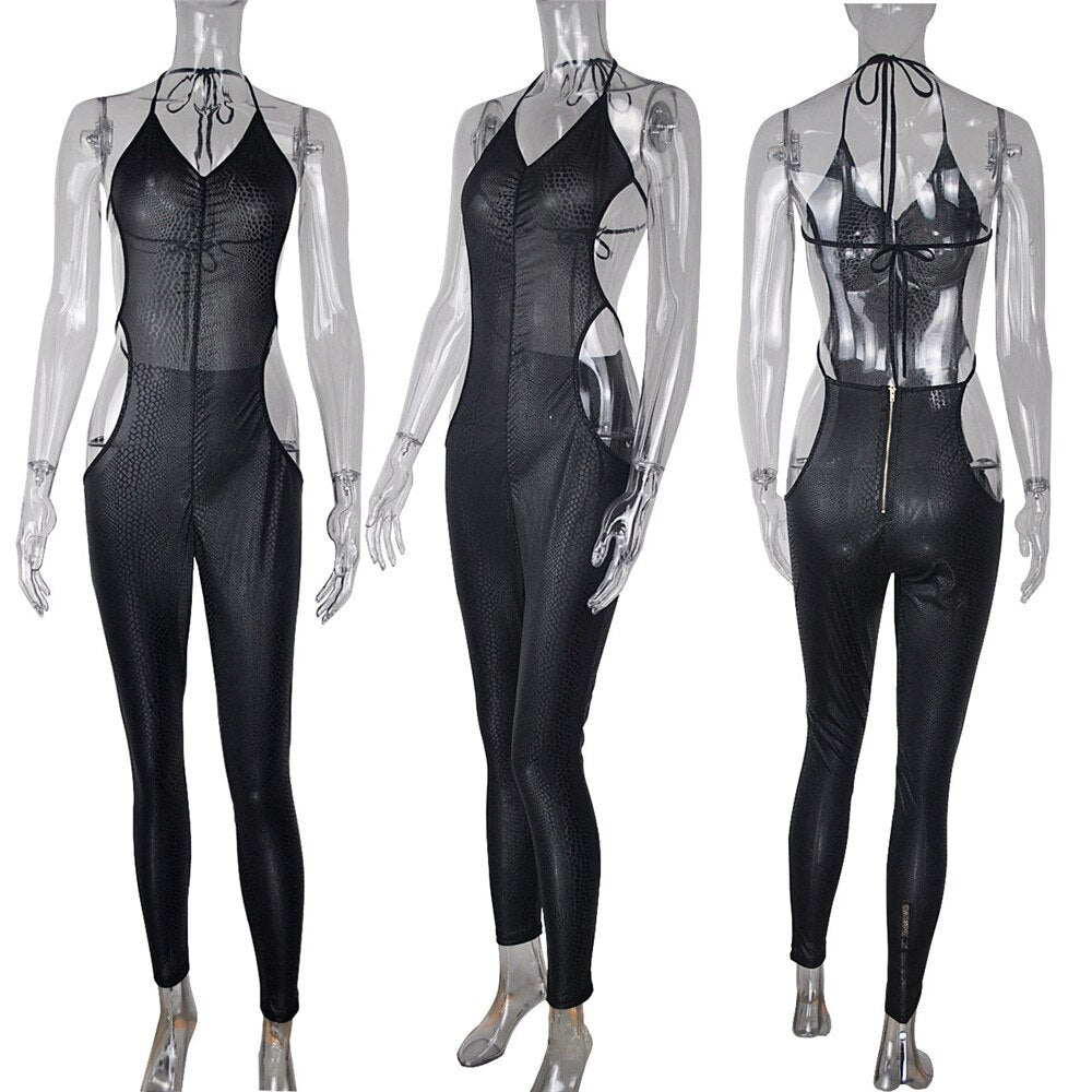 Stilla | Sort Slange Side Hollow Jumpsuit