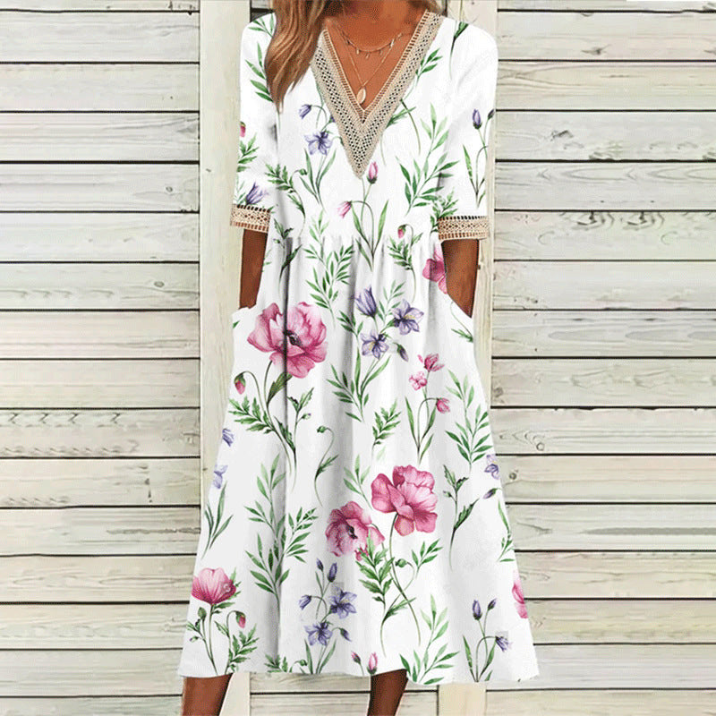 stilla-elegant-print-v-hals-blonde-tre-vendt-kvart-aerme-kjole_1.jpg Stilla | Elegant Print V-hals Blonde Tre-vendt kvart Ærme Kjole