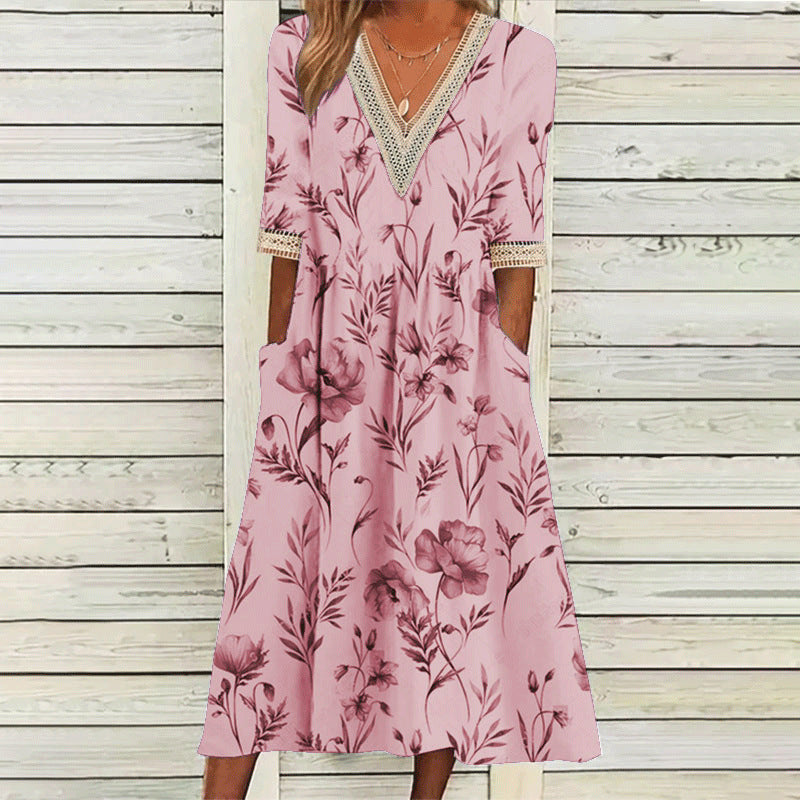stilla-elegant-print-v-hals-blonde-tre-vendt-kvart-aerme-kjole_3.jpg Stilla | Elegant Print V-hals Blonde Tre-vendt kvart Ærme Kjole