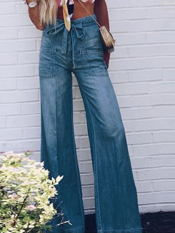 Stilla | Kvinders Jeans Snørebånd Vaskede Brede Ben Jeans