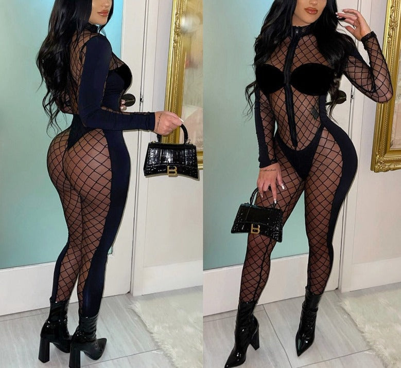 Stilla | Sort Fløjl Mesh Jumpsuit