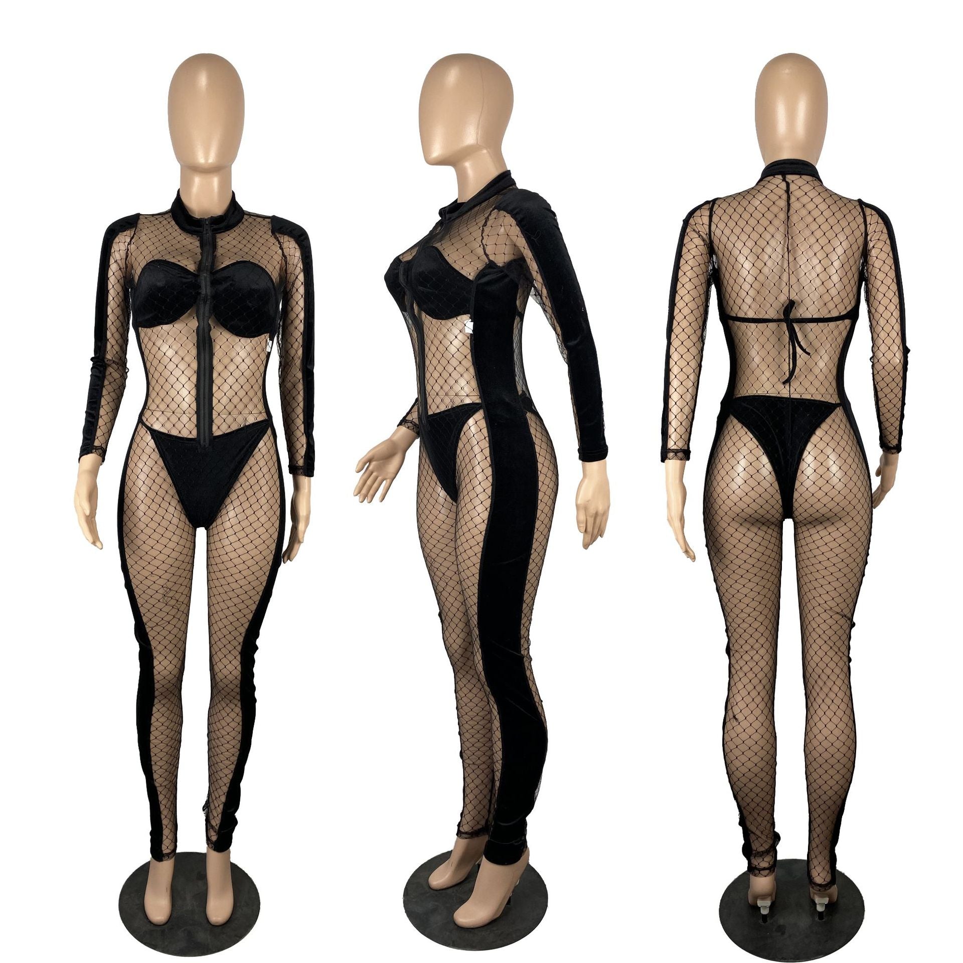 Stilla | Sort Fløjl Mesh Jumpsuit
