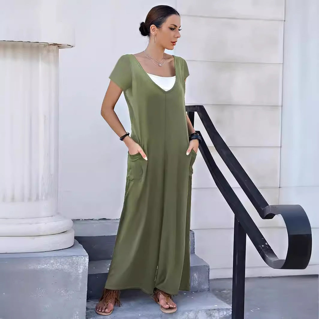 Stilla | Trendy Forår Sommer Ensfarvet Lomme V-Hals Jumpsuit