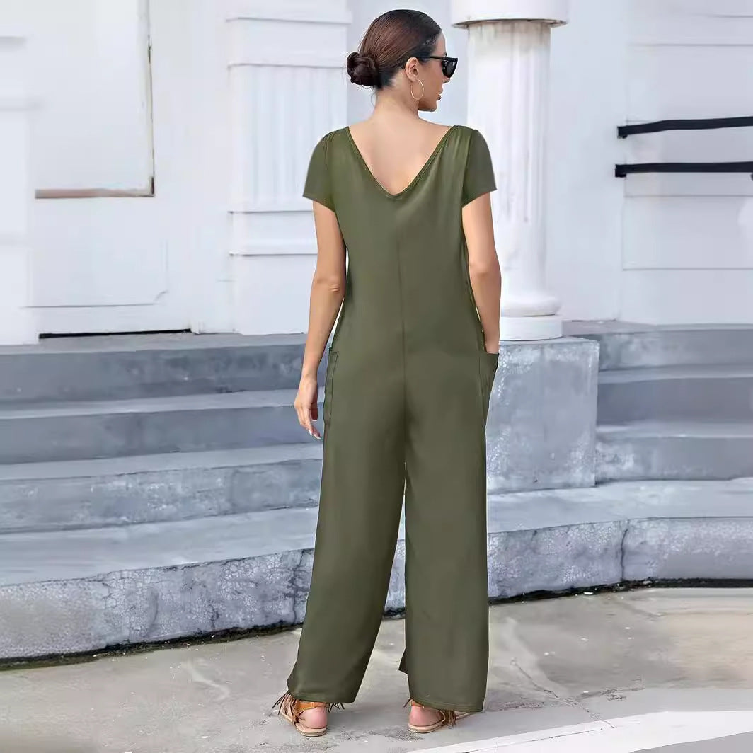 Stilla | Trendy Forår Sommer Ensfarvet Lomme V-Hals Jumpsuit