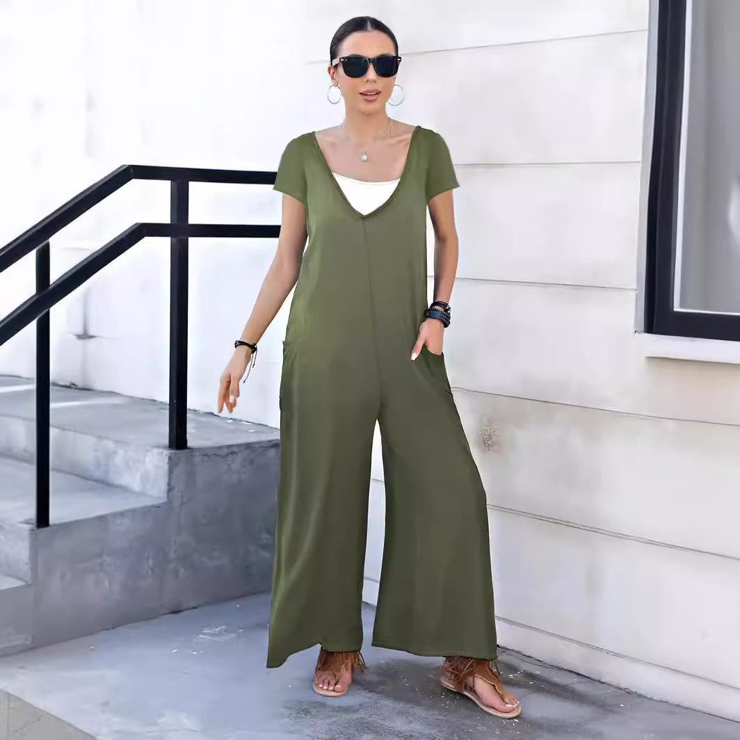 Stilla | Trendy Forår Sommer Ensfarvet Lomme V-Hals Jumpsuit