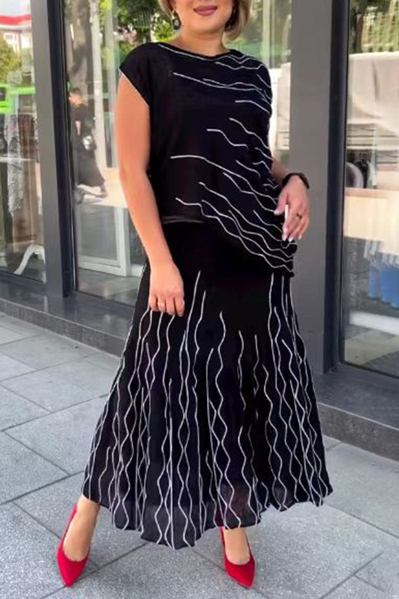 Stilla | Afslappet Solid Patchwork Asymmetrisk O Hals Kort Ærme to Stykker