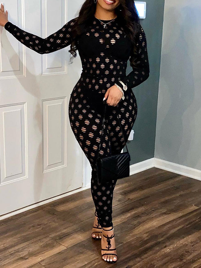Stilla | Sexet Bodycon Langærmet Mesh Gennemsigtig Jumpsuit Rabat