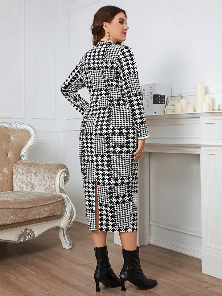 Stilla | Størrelse Houndstooth Knap-ned Langærmet Kjole
