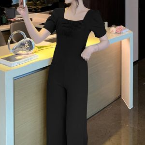 Stilla | Mode Kvadratrundet Udsnits Plisse Enkel Talje Snit Slimmende Jumpsuit