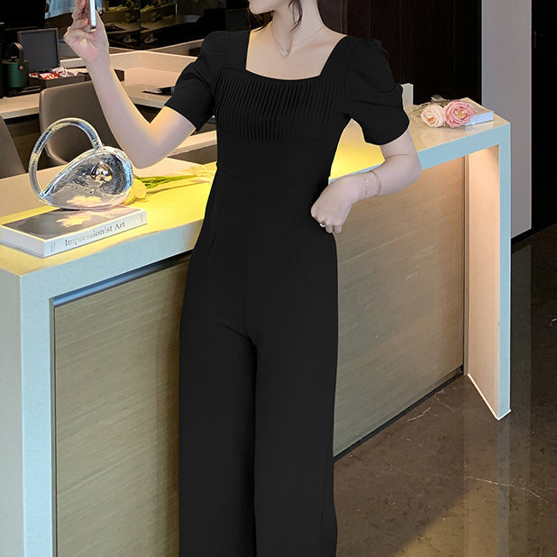 Stilla | Mode Kvadratrundet Udsnits Plisse Enkel Talje Snit Slimmende Jumpsuit