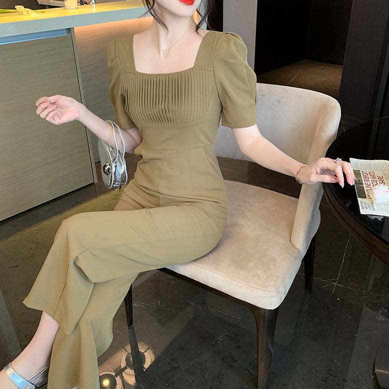 Stilla | Mode Kvadratrundet Udsnits Plisse Enkel Talje Snit Slimmende Jumpsuit