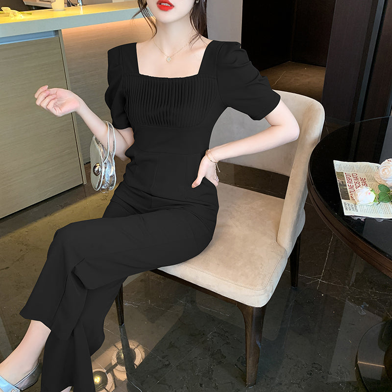 Stilla | Mode Kvadratrundet Udsnits Plisse Enkel Talje Snit Slimmende Jumpsuit