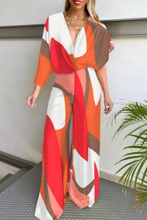 Stilla | Afslappet Sportswear Print Patchwork Asymmetrisk V-hals Lige Jumpsuits