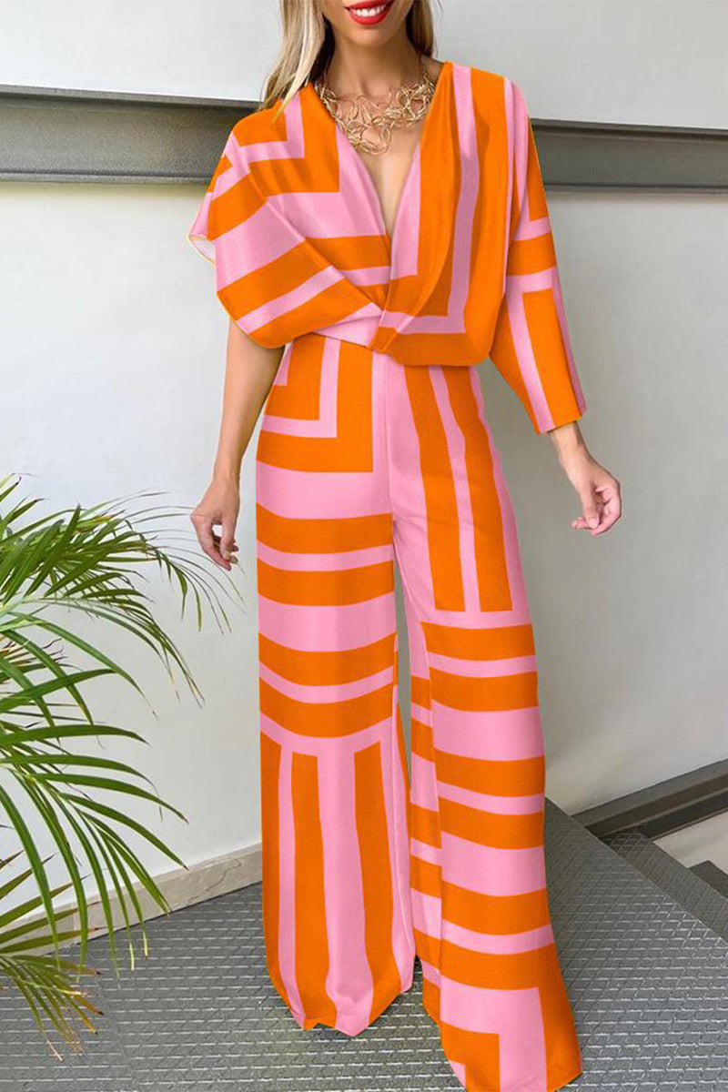 Stilla | Afslappet Sportswear Print Patchwork Asymmetrisk V-hals Lige Jumpsuits