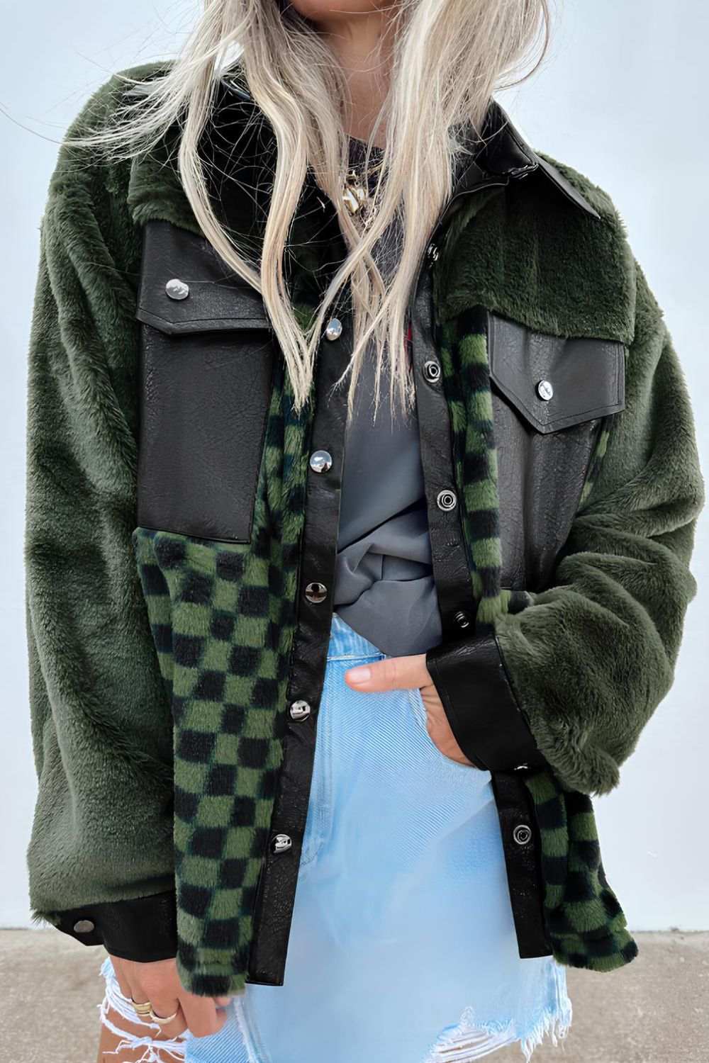 Stilla | Tjekket Krave Neck Snap Down Jakke Online salg