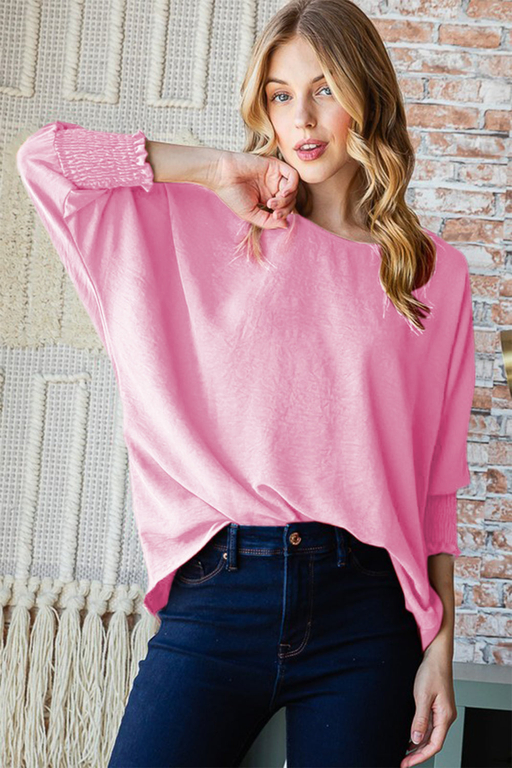 Stilla | J Texture Rund Hals Smockede Halværmet Top Online salg