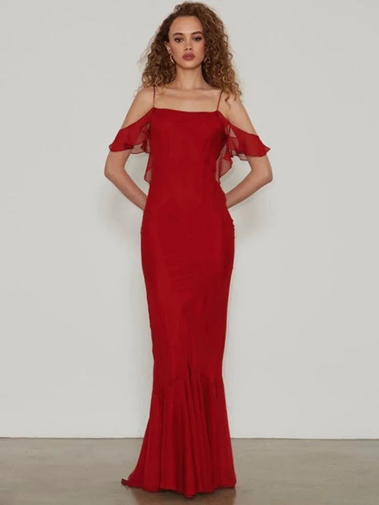 Stilla | Off Shoulder Stropper Rygfri Maxi Kjole