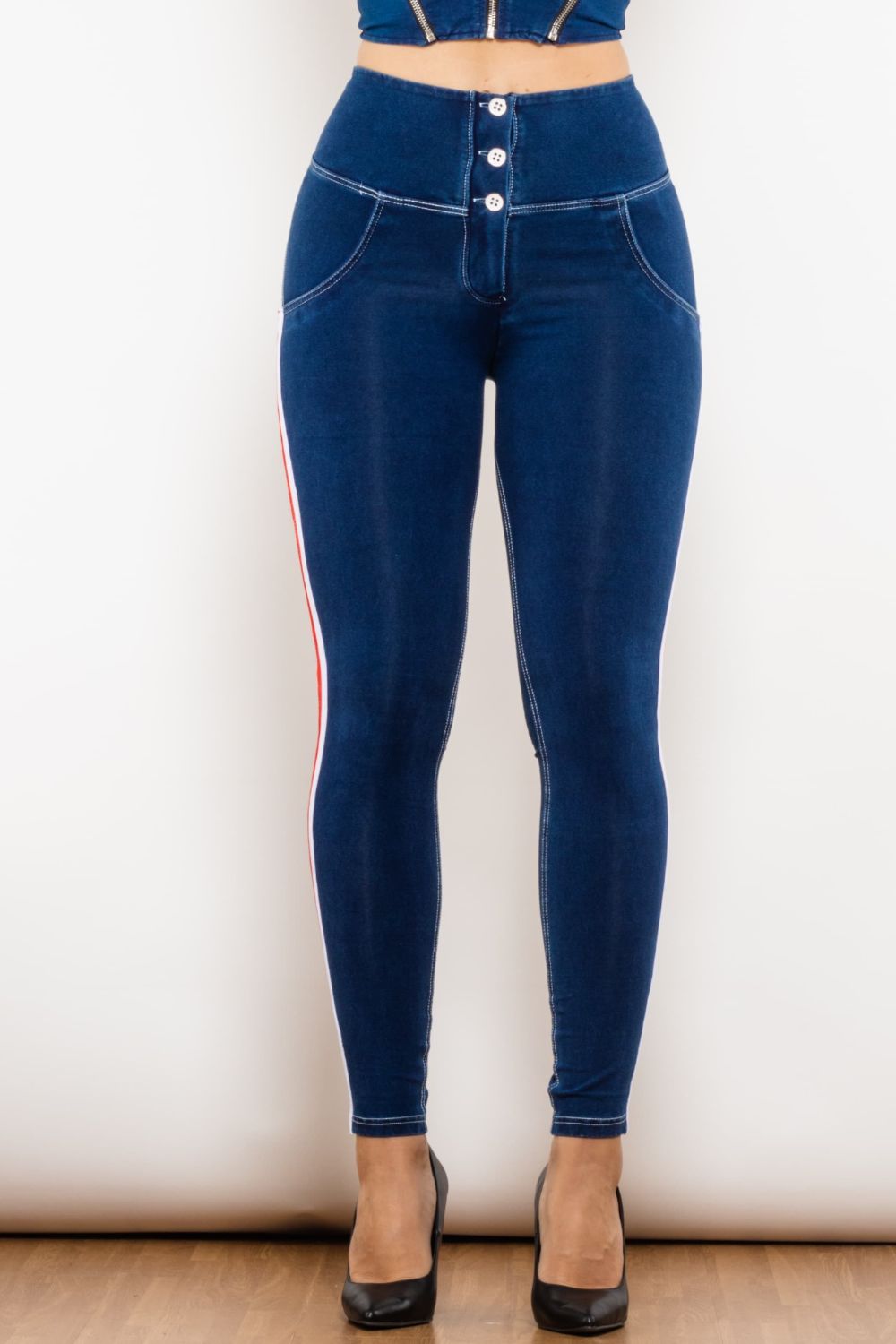 Stilla | Stribet Knap Høj Talje Skinny Jeans Udsalg