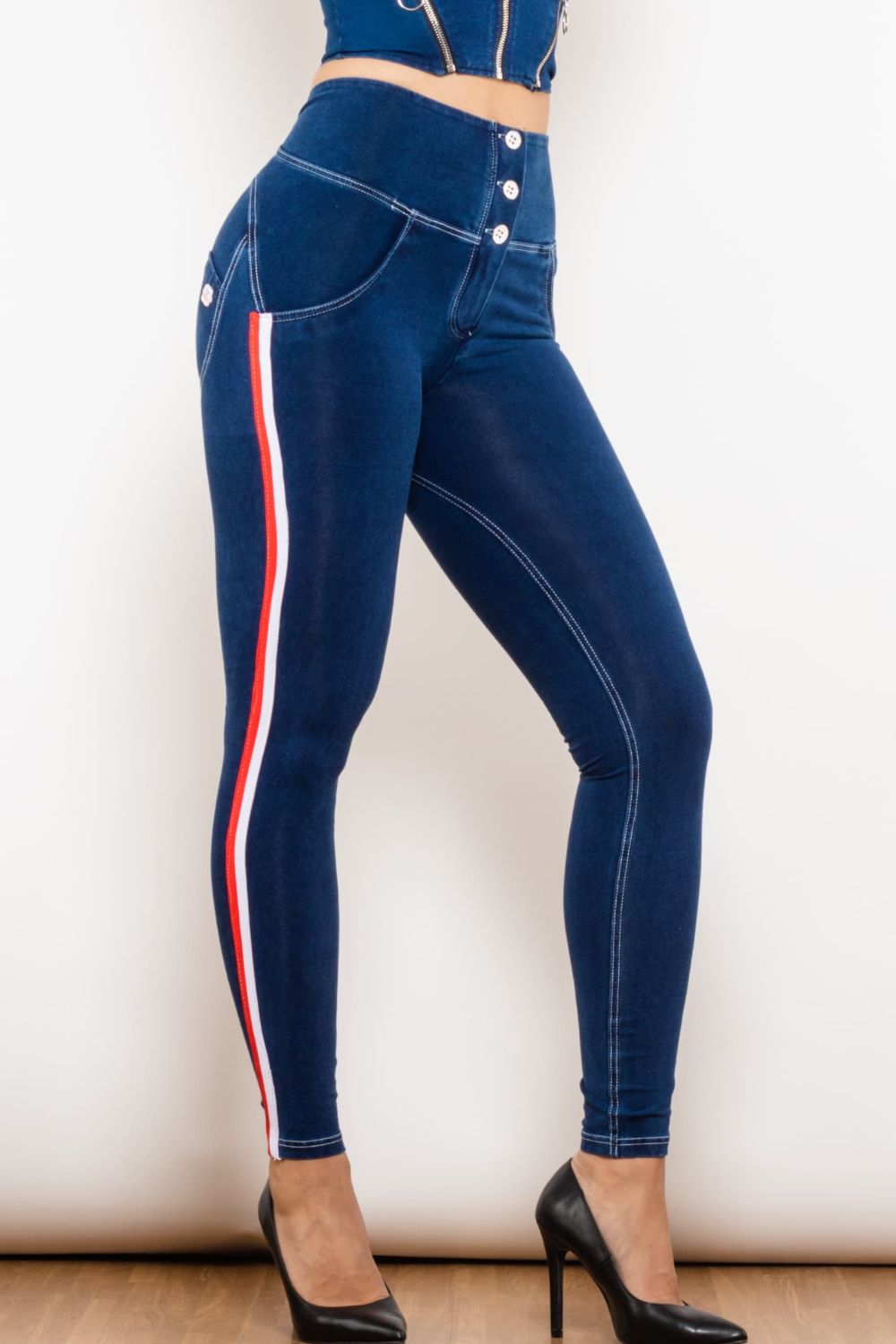 Stilla | Stribet Knap Høj Talje Skinny Jeans Udsalg