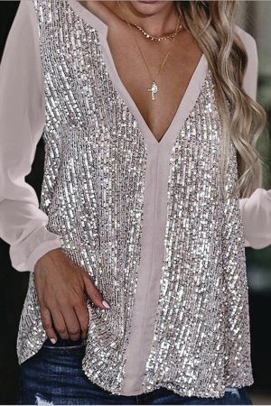Stilla | Bluse Langærmet Paillet V-hals Bluse