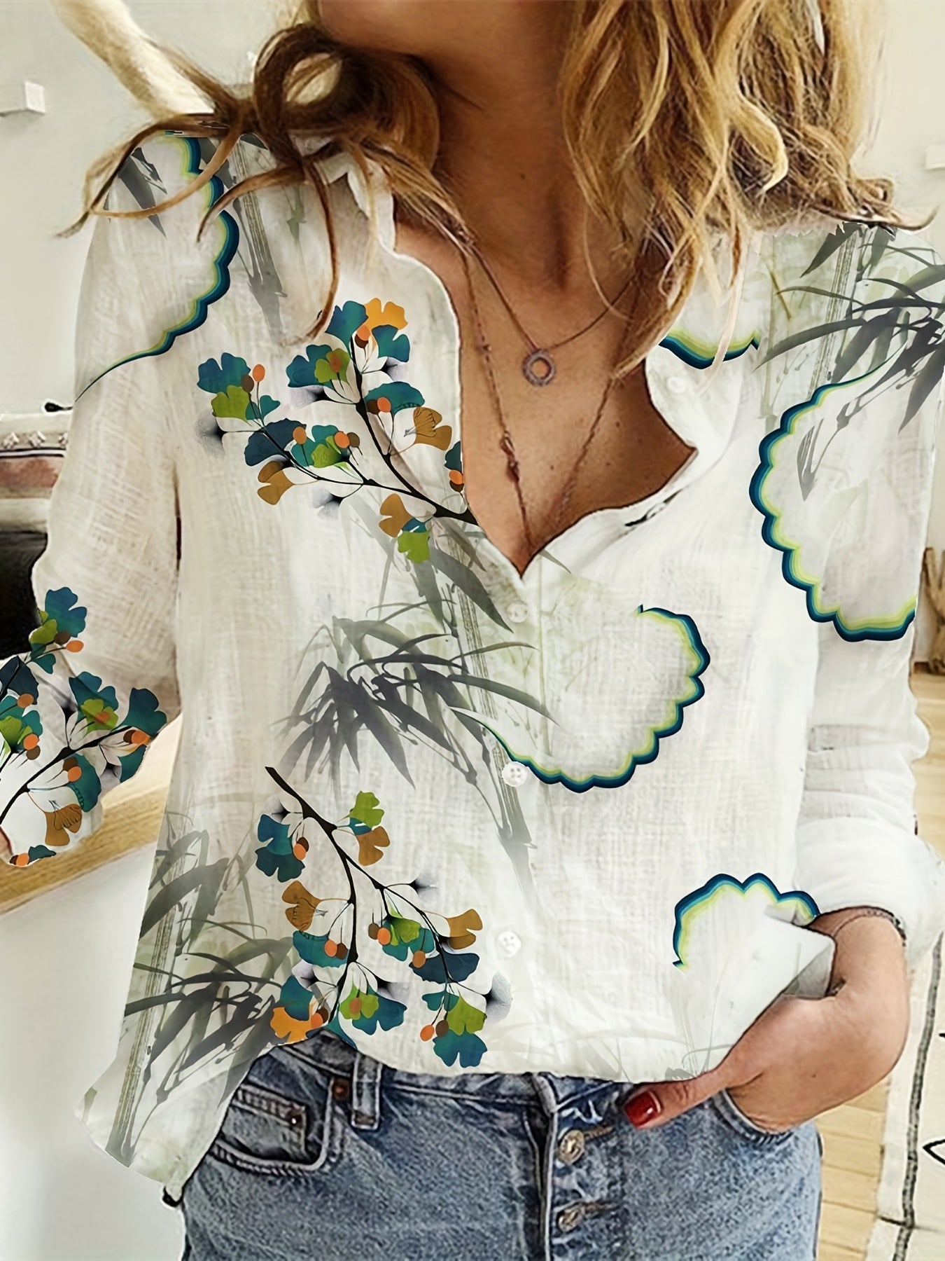 Stilla | Dame Linned Bluse Afslappet Stil, Blomsterdesign, Med Lange Ærmer Og Krave Med Knaplukning, Åndbar Online nu