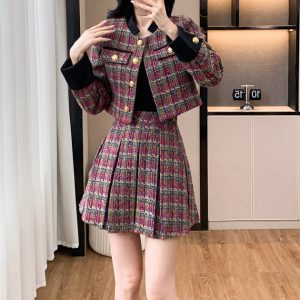 Stilla | Tweed Knapplaid Jakke Elegant Plisseret Nederdel Sæt